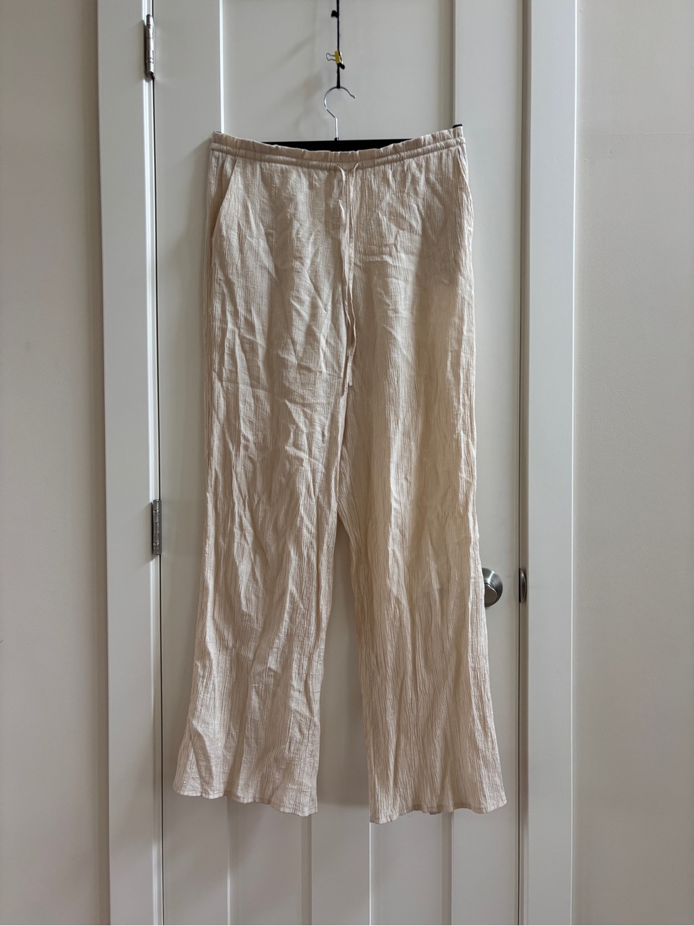 Zara Womens Cream Textured Crinkle Wide Leg Drawstring Pants Size S